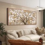 Large Wall Art Print Gold Abstract Tree Of Life Framed Modern Artwork Canvas Painting Gold Tree Pictures Home Decor Ready To Hang For Bedroom Living Room 29" X 58"