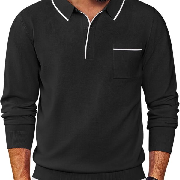 COOFANDY Mens Knit Polo Long Sleeve Collared Sweater Polo Business Casual Polos with Pocket