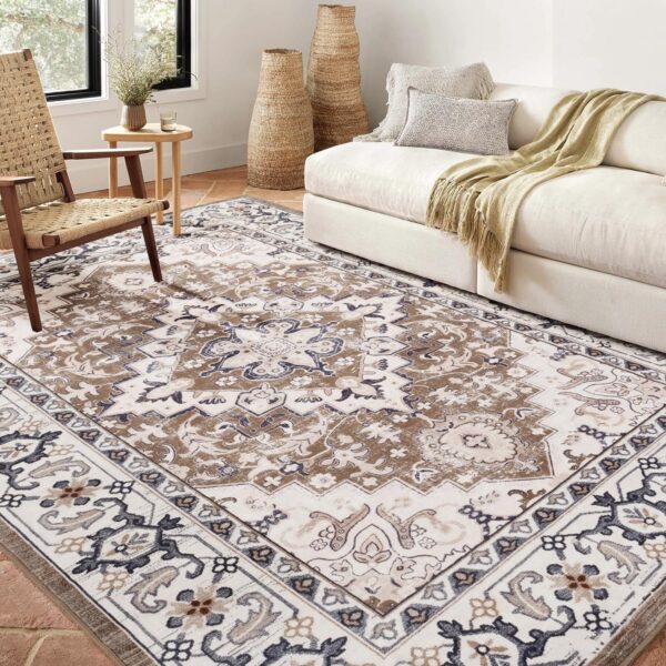Lofus 5x7 Area Rugs for Living Room, Washable Area Rug, Rugs for Bedroom, Kitchen, Vintage Boho Carpet, Soft Non-Slip, Low Pile Large Area Rug for Office Dining Room, Floral Brown