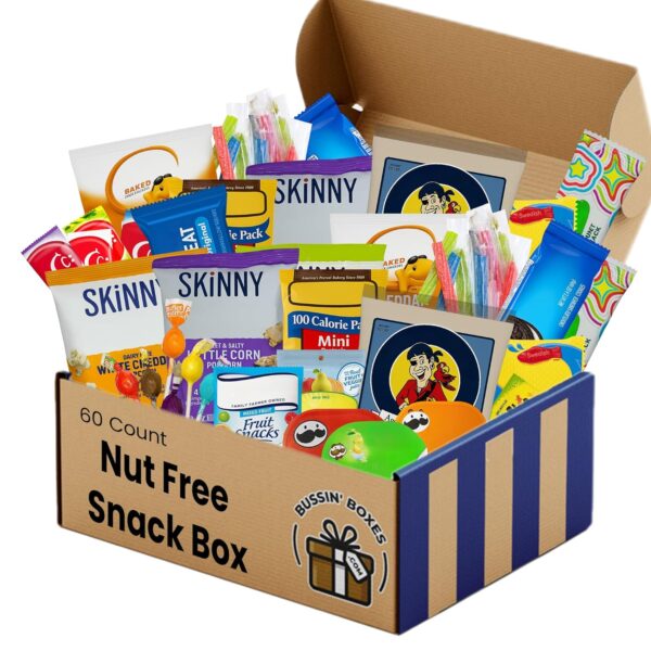 Peanut Free and Nut Free Snack Box 60 Count Bulk Pack of Individually Wrapped Allergy-Friendly Snacks Assembled by Bussin Boxes