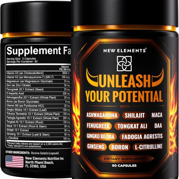 Natural Testosterone Booster Supplement for Men Test Booster with Tongkat Ali, Fadogia Agrestis, Shilajit, Ashwagandha, Ginseng, Tribulus, Boron, DAA, L-Citrulline, D3 K2, Zinc & Magnesium