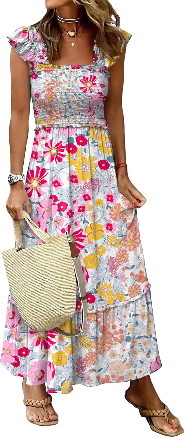 ANRABESS Womens Summer Sleeveless Maxi Dress Square Neck Smocked Boho Casual Ruffle Strap Flowy A-Line Long Beach Sundress ANRABESS Womens Summer Sleeveless Maxi Dress Square Neck Smocked Boho Casual Ruffle Strap Flowy A-Line Long Beach Sundress