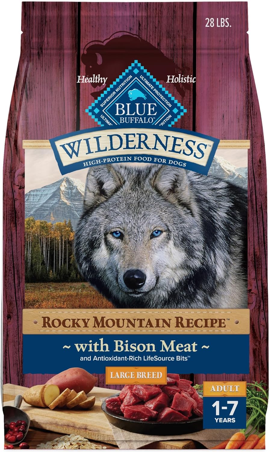 Blue Buffalo Wilderness Rocky Mountain Recipe with Bison High Protein with Grains Dry Dog Food for Adult Large Breed Dogs, 28% Protein, Supports Immunity With Antioxidant-Rich LifeSource Bits, 28 lbs. Blue Buffalo Wilderness Rocky Mountain Recipe with Bison High Protein with Grains Dry Dog Food for Adult Large Breed Dogs, 28% Protein, Supports Immunity With Antioxidant-Rich LifeSource Bits, 28 lbs.