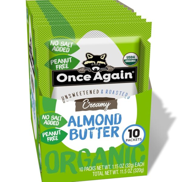 Once Again Organic Almond Butter Packets, Roasted - Individual Nut Butter Packets for Snacks, Travel, Lunches - Single Serve Squeeze Packs - Vegan, Non-GMO, Gluten Free - 1.15 Ounce Packs, 10 Count
