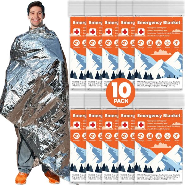10 Pack Emergency Thermal Blanket Survival, Mylar Blankets for Outdoor, Space Blanket, Silver Foil for Survival, Survival Kit Camping Blankets, Body Warmer, First Aid, Hiking 84 x 52
