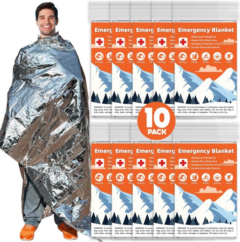 10 Pack Emergency Thermal Blanket Survival, Mylar Blankets for Outdoor, Space Blanket, Silver Foil for Survival, Survival Kit Camping Blankets, Body Warmer, First Aid, Hiking 84 x 52