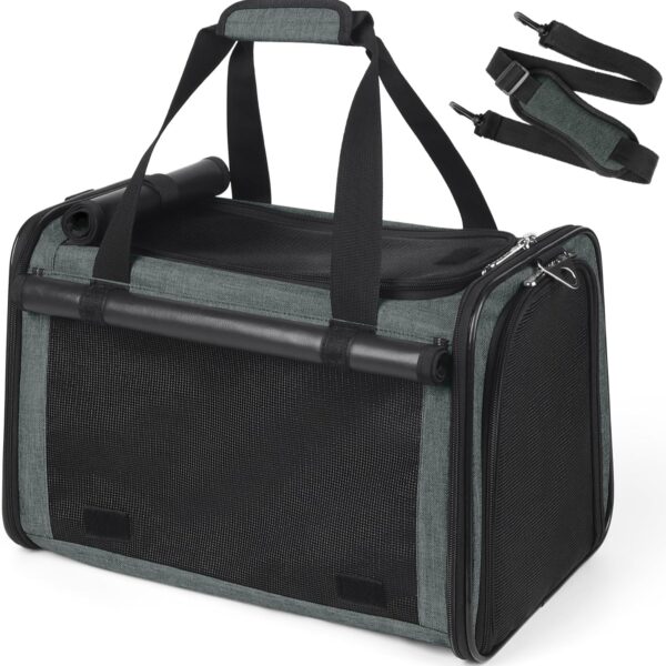 YUDODO 25lbs Cat Carrier Lightproof Soft Sided Pet Carrier for Large Cat & Small Dog Airline Approved Travel Puppy Carriers with Side Pockets & Reflective Mesh Foldable Portable for Outdoor Grey Green