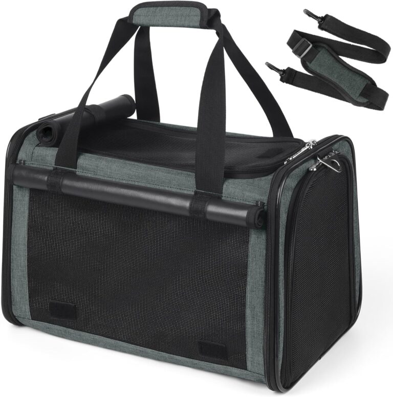 YUDODO 25lbs Cat Carrier Lightproof Soft Sided Pet Carrier for Large Cat & Small Dog Airline Approved Travel Puppy Carriers with Side Pockets & Reflective Mesh Foldable Portable for Outdoor Grey Green