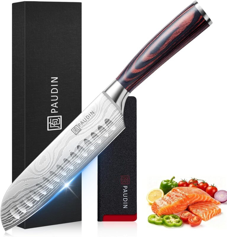 PAUDIN 7" Santoku Japanese Chef Knife  Forged High Carbon German Stainless Steel (582 HRC)  Ultra Sharp Razor Edge & Long-Lasting  Ergonomic Pakkawood Handle  Gift for Home Cook & Pro Chef