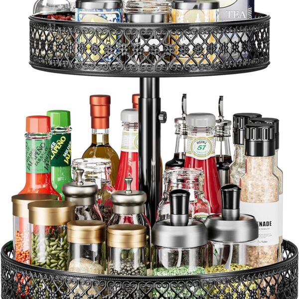 Lazy Susan Organizer 2 Tier - Turntable Spice Rack 12 inch Adjustable Metal Rotating Lazy Susan for Cabinet Pantry Kitchen Countertop Dining Table Cupboard Bathroom Vanity Storage Black