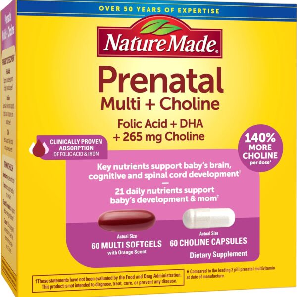 Nature Made Prenatal Vitamin Softgels + Choline Capsules, Folic Acid + DHA + Choline, 60 Prenatal Vitamins for Women, 60 Choline Supplements Capsules, 60 Day Supply