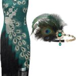 SWEETV YESSA 1920s Vintage Peacock Flapper Dresses Sequin Fringed Gatsby Dress with Headband
