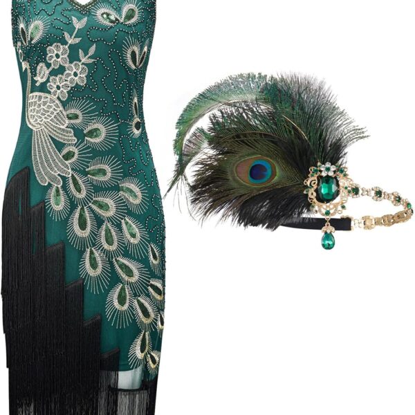 SWEETV YESSA 1920s Vintage Peacock Flapper Dresses Sequin Fringed Gatsby Dress with Headband