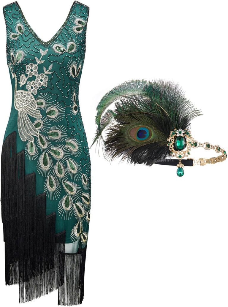 SWEETV YESSA 1920s Vintage Peacock Flapper Dresses Sequin Fringed Gatsby Dress with Headband