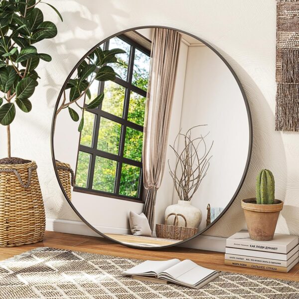 Black Round Mirror, 30 Inch Circle Bathroom Mirror with Metal Frame, Wall-Mounted for Entryway, Bathroom, Vanity, Living Room