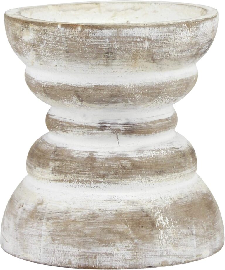 Stonebriar Antique White Wooden Pillar Candle Holder, Vintage Seaside Pillar Stand for Dining Table Centerpiece, Coffee Table, Mantel, Or Any Table Top, Small
