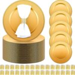 Tanlade 100 Pcs Charger Plates Bulk with Napkin Rings Set Include 50 Plastic Beaded Plate Chargers 50 Napkin Rings 13'' Round Dinner Plate Chargers Set for Table Setting Wedding Party(Gold)