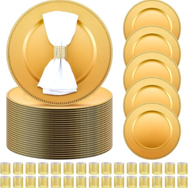 Tanlade 100 Pcs Charger Plates Bulk with Napkin Rings Set Include 50 Plastic Beaded Plate Chargers 50 Napkin Rings 13'' Round Dinner Plate Chargers Set for Table Setting Wedding Party(Gold)