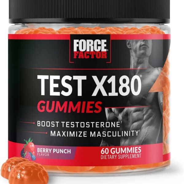 Force Factor Test X180 Gummies Testosterone Booster for Men with Tongkat Ali, Horny Goat Weed, Tribulus Terrestris, Fenugreek, & Black Maca, Testosterone Supplement for Men, Berry Punch, 60 Gummies