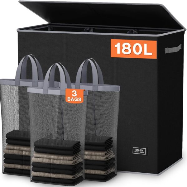 SOLEDI 180L Laundry Hamper 3 Section, Extra Large Laundry Hamper with Lid, Dirty Clothes Hamper with Sturdy Handle, Large Laundry Basket Organizer for Laundry Room, Bedroom, Hampers for Laundry