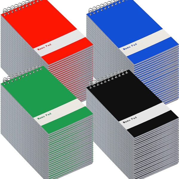 Thenshop 100 Pads Spiral Memo Pads Bulk 3 x 5 Inch Small Pocket Notepad Top Bound Lined 60 Sheets Mini Notebooks for School College Office Home Supplies (Black,Green,Dark Blue,Red)