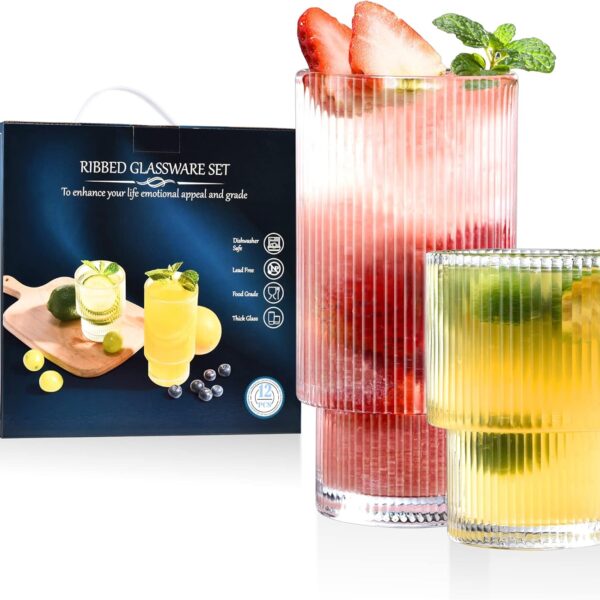 ISMASOAN Small Ribbed Glassware Set of 12, Glass Cups 12 oz and 7 oz, Fluted Glassware, Stackable Glasses, Cups for Kitchen, Gift Box Set