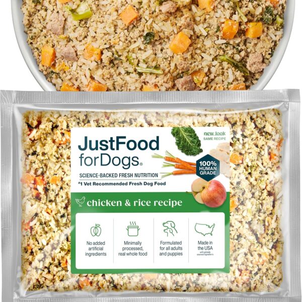 JustFoodForDogs Frozen Fresh Dog Food, Complete Meal or Topper, Chicken & Rice Human Grade Recipe, 18 oz (Pack of 7)