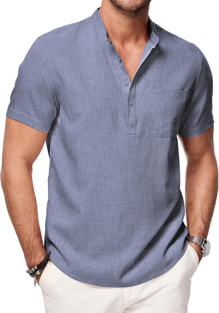 JMIERR Mens Short Sleeve Linen Henley Shirts Casual Button Down Shirt Summer Beach Wear with Pocket