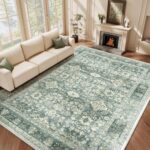 HOMFINE Machine Washable Rug 8'x10' - Vintage Design Area Rugs with Non Slip Rugs for Living Room Bedroom Floral Print Rug Carpet Stain Resistant, Home Decor Office Area Rug, Green