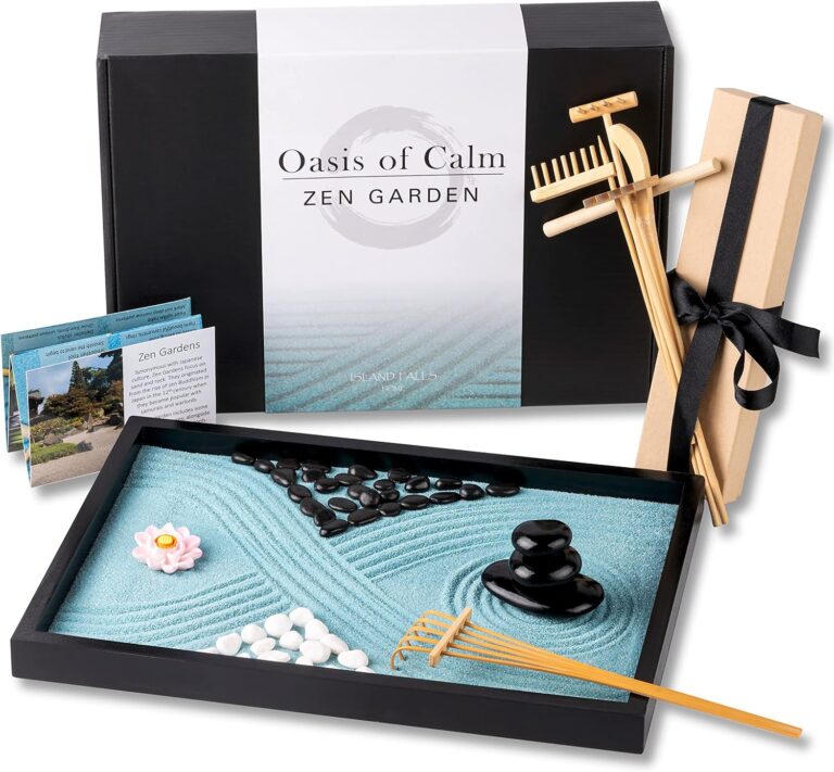Oasis of Calm Zen Garden Kit. 11x8 Inch Beautiful Premium Japanese Decor Mini Meditation Gifts Set. Home, Office Desk Accessories. Zen Decor Sand Garden. Aqua Blue Sand, 6 Tools, 6 Features incl rocks