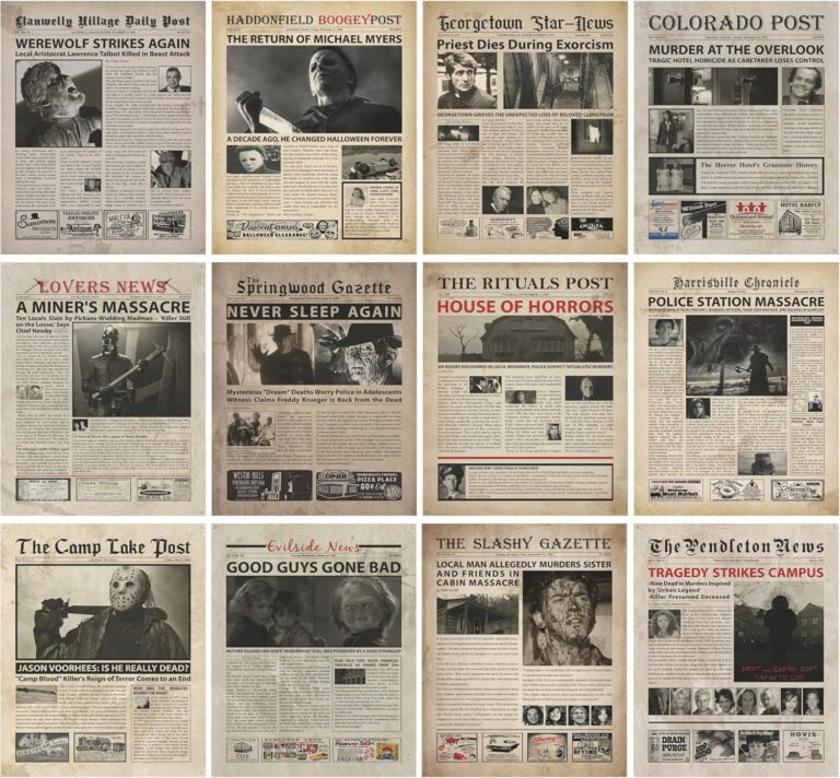 Vintage Horror Movie Newspaper Poster - 8x10 Inches Unframed Posters & Prints - Serial Killer Halloween Decorations for Bedroom Wall Art - Massacre Retro Room Decor for Living Room Wall Decor - Gothic Pumpkin Witchy Horror Haunted House Posters for Room Aesthetic. ((8x10 Newspaper))