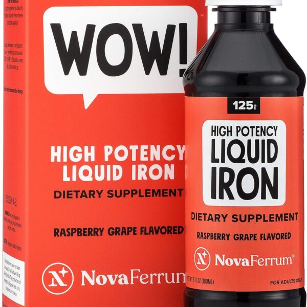 NovaFerrum Wow, 125 High Potency Liquid Iron Supplement for Adults, Iron Deficiency, 125mg of Iron Per 5mL Dose, Vegan Verified, Gluten Free Certified, Sugar Free