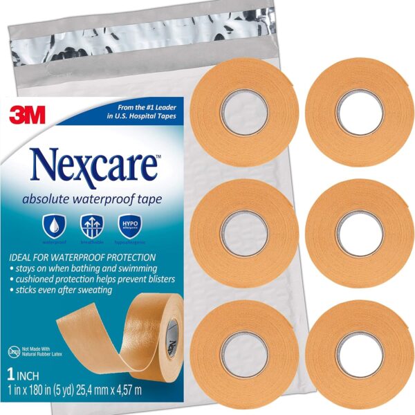 Nexcare Absolute Waterproof Tape, Flexible Foam Medical Tape, Secures Dressing and Keeps Wounds Dry - 1 In x 5 Yds, 6 Rolls of Tape