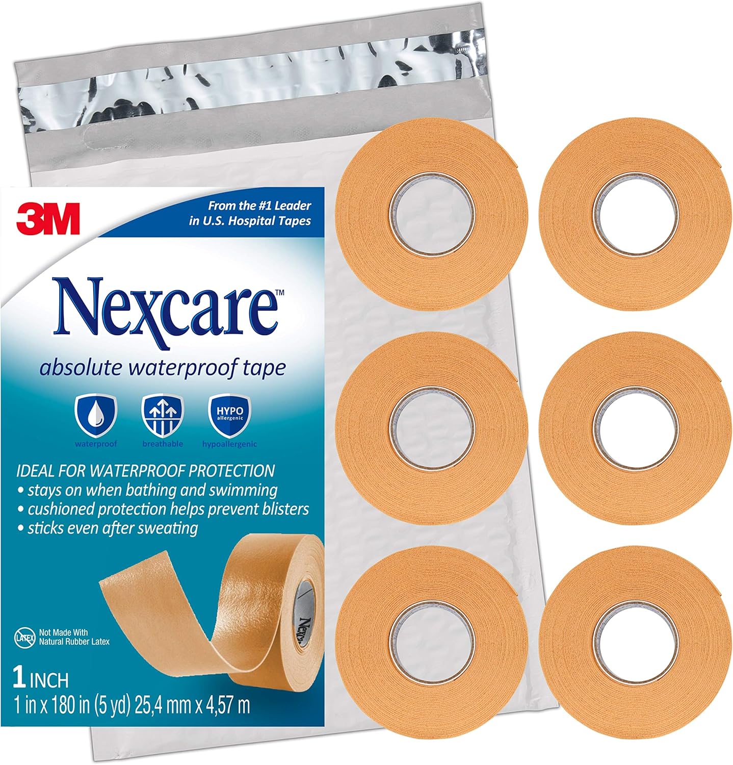 Nexcare Absolute Waterproof Tape, Flexible Foam Medical Tape, Secures Dressing and Keeps Wounds Dry - 1 In x 5 Yds, 6 Rolls of Tape Nexcare Absolute Waterproof Tape, Flexible Foam Medical Tape, Secures Dressing and Keeps Wounds Dry - 1 In x 5 Yds, 6 Rolls of Tape