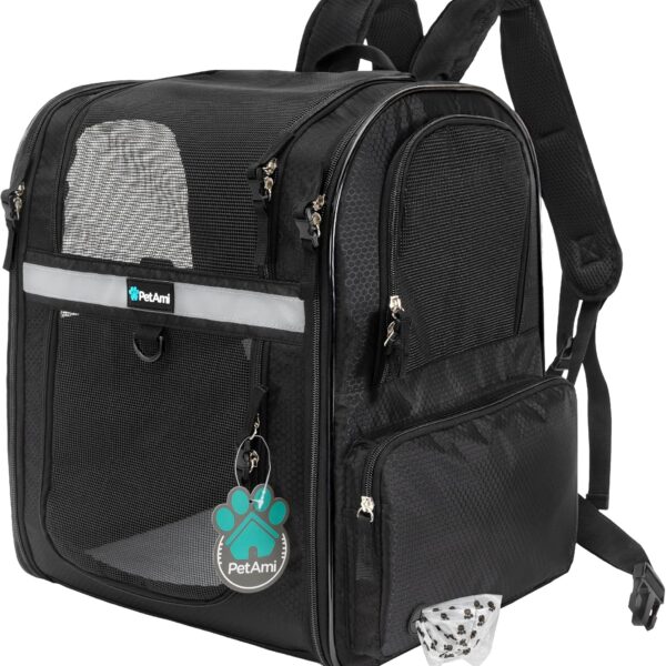 PetAmi Dog Backpack Carrier for Small Large Cat, Pet, Puppies, Ventilated Pet Hiking Backpack Travel Bag, Airline Approved Cat Backpack Carrier, Safety Back Support, Camping Biking, Max 18 lbs, Black