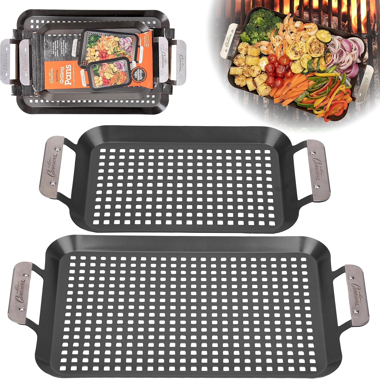 Camerons BBQ Grill Topper Grilling Pans (Set of 2)- Non-Stick Barbecue Trays w Stainless Steel Handles - Indoor Outdoor use for Barbecue & Smoked Meat, Vegetables & Seafood- Grill Gift for Fathers Day Camerons BBQ Grill Topper Grilling Pans (Set of 2)- Non-Stick Barbecue Trays w Stainless Steel Handles - Indoor Outdoor use for Barbecue & Smoked Meat, Vegetables & Seafood- Grill Gift for Fathers Day