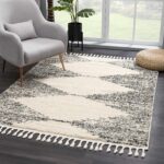 Hauteloom Berber Shag Collection - Howth Farmhouse Living Room Bedroom Area Rug with Tassel - Fluffy Plush High Pile Carpet - Southwestern Bohemian Tribal Style - Beige, Black - 6'7" x 9'
