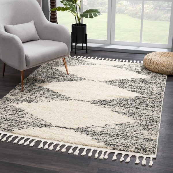 Hauteloom Berber Shag Collection - Howth Farmhouse Living Room Bedroom Area Rug with Tassel - Fluffy Plush High Pile Carpet - Southwestern Bohemian Tribal Style - Beige, Black - 6'7" x 9'
