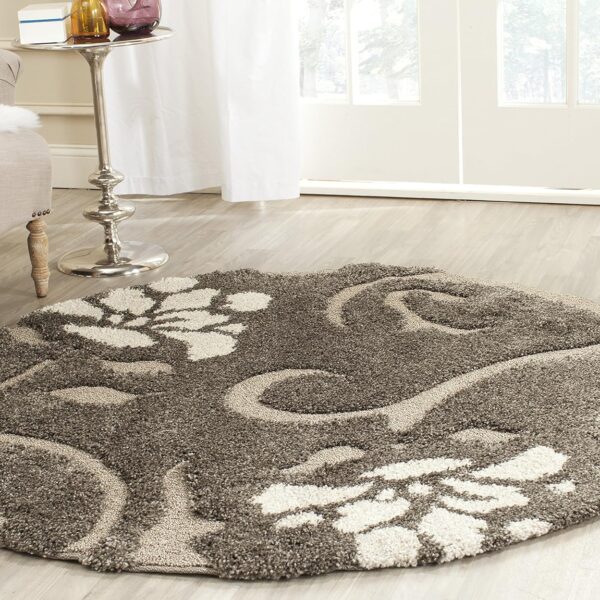 SAFAVIEH Florida Shag Collection Area Rug - 5' Round, Smoke & Beige, Floral Design, Non-Shedding & Easy Care, 1.2-inch Thick Ideal for High Traffic Areas in Living Room, Bedroom (SG464-7913)
