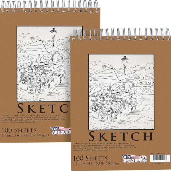 U.S. Art Supply 11"x14" Top Spiral Bound Sketch Book, 2 Pack, 100 Sheets Each, 60lb (100gsm), Acid-Free, Artist Sketchbook, Drawing Pad for Adults & Students