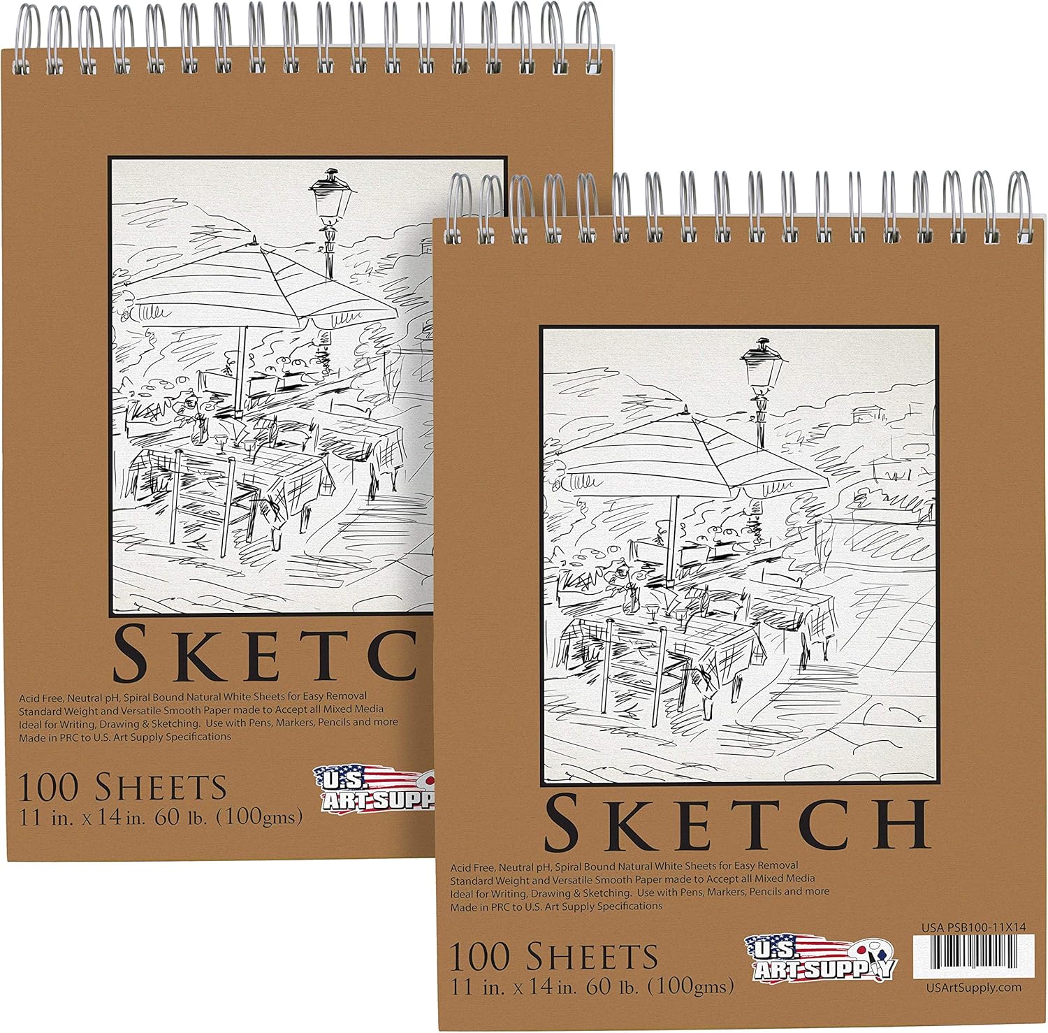 U.S. Art Supply 11"x14" Top Spiral Bound Sketch Book, 2 Pack, 100 Sheets Each, 60lb (100gsm), Acid-Free, Artist Sketchbook, Drawing Pad for Adults & Students U.S. Art Supply 11"x14" Top Spiral Bound Sketch Book, 2 Pack, 100 Sheets Each, 60lb (100gsm), Acid-Free, Artist Sketchbook, Drawing Pad for Adults & Students
