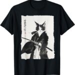 Samurai Cat Warrior Ink - Japanese Art Feline Katana T-Shirt