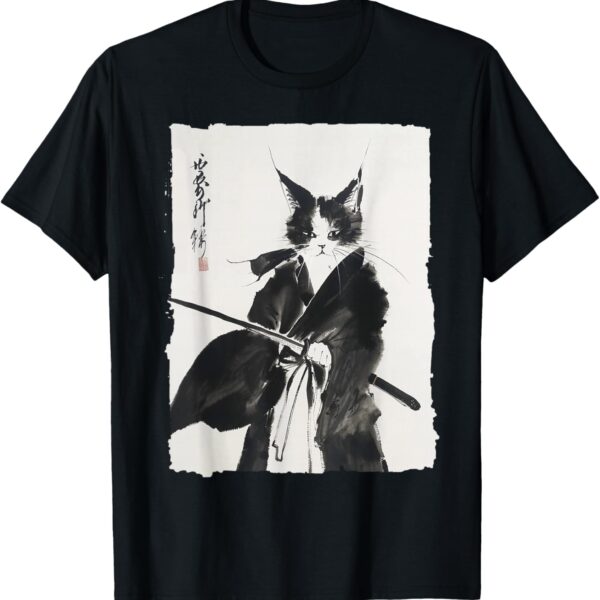 Samurai Cat Warrior Ink - Japanese Art Feline Katana T-Shirt