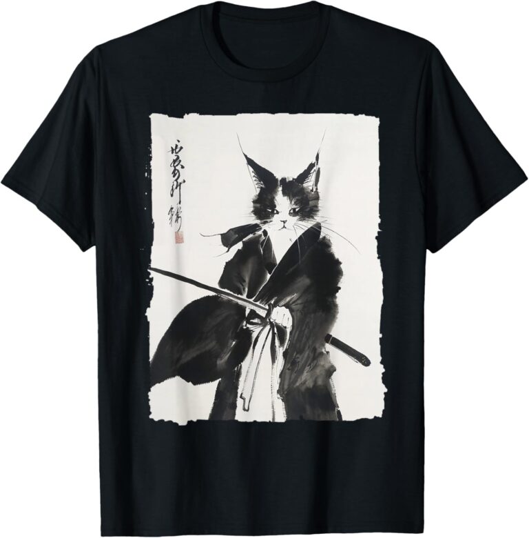 Samurai Cat Warrior Ink - Japanese Art Feline Katana T-Shirt