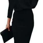 Ezbelle Women's Off The Shoulder 3/4 Sleeve Batwing HIPS-Wrap Pencil Party Sexy Bodycon Midi Dress Loose