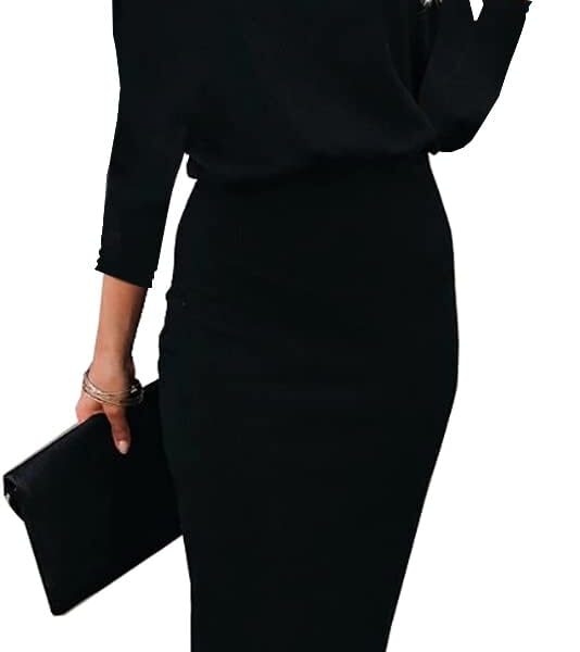 Ezbelle Women's Off The Shoulder 3/4 Sleeve Batwing HIPS-Wrap Pencil Party Sexy Bodycon Midi Dress Loose