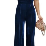 BLENCOT Sleeveless Velvet Jumpsuits For Women V Neck Spaghetti Straps Wide Leg Long Pants Dressy Rompers Winter Overalls S-XL