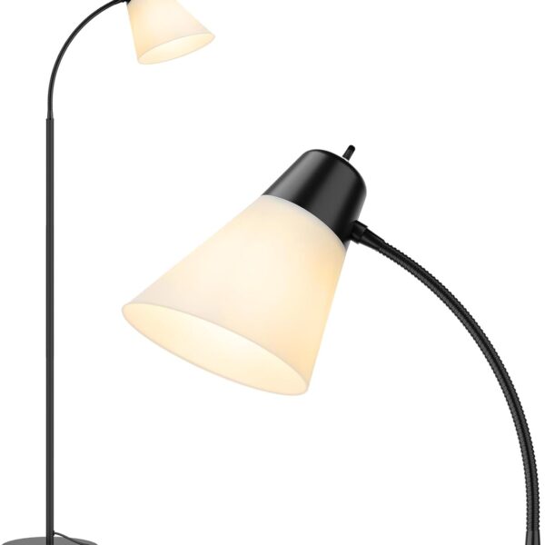 Coucrek Floor Lamp for Living Room, Adjustable Head Standing Lamp with White Plastic Shade, Black Reading Floor Lamps for Dorm, Bulb not Included