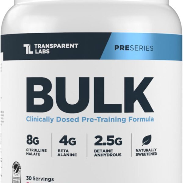 Transparent Labs Bulk Pre Workout Powder - Naturally Sweetened Preworkout for Men & Women, Pre Work Out for Muscle Building & Strength w/Beta Alanine & BetaPure - 30 Servings, Strawberry Lemonade