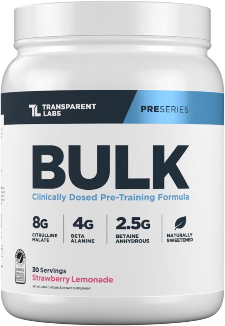 Transparent Labs Bulk Pre Workout Powder - Naturally Sweetened Preworkout for Men & Women, Pre Work Out for Muscle Building & Strength w/Beta Alanine & BetaPure - 30 Servings, Strawberry Lemonade